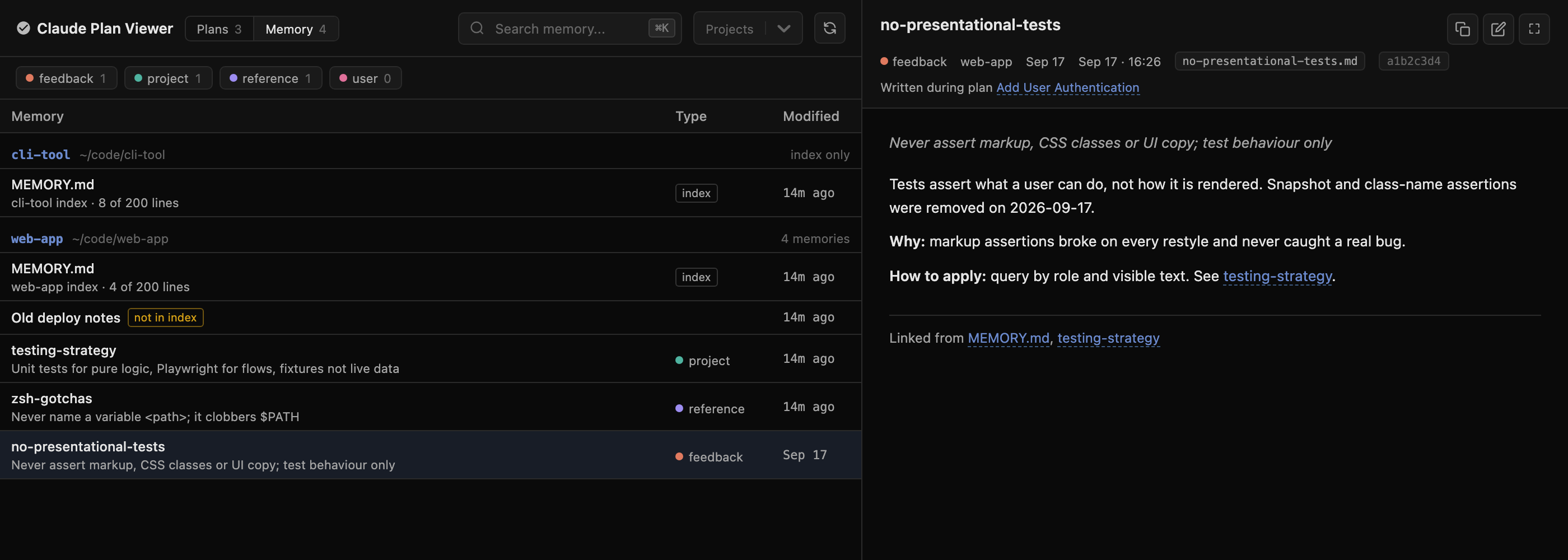 The Memory view: memories grouped by project, with a topic memory open